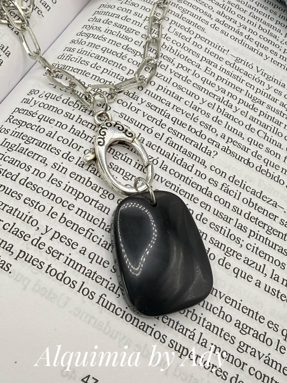 Silver Chain Necklace with sculptural onyx Black Pendant